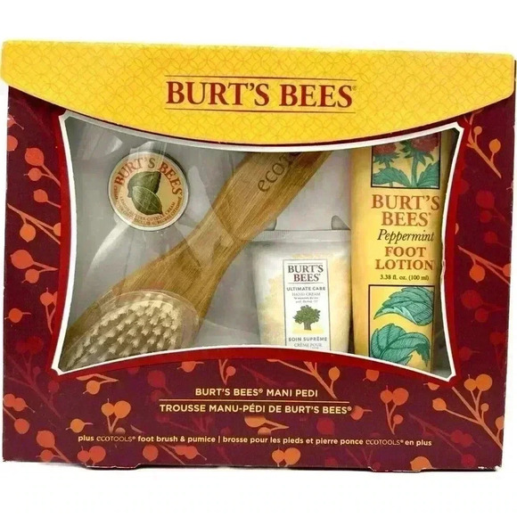 Burt's Bees Mani Pedi Holiday Gift Set - Peppermint Foot Lotion Hand Cream Brush - Picture 1 of 1